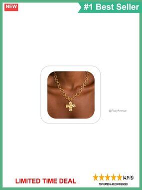 14K Gold Plated Chunky Cross Pendant Necklace Toggle Clasp